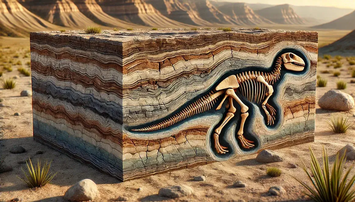 Cross-section of sedimentary rock layers revealing embedded dinosaur skeleton fossil, illustrating fossil formation process