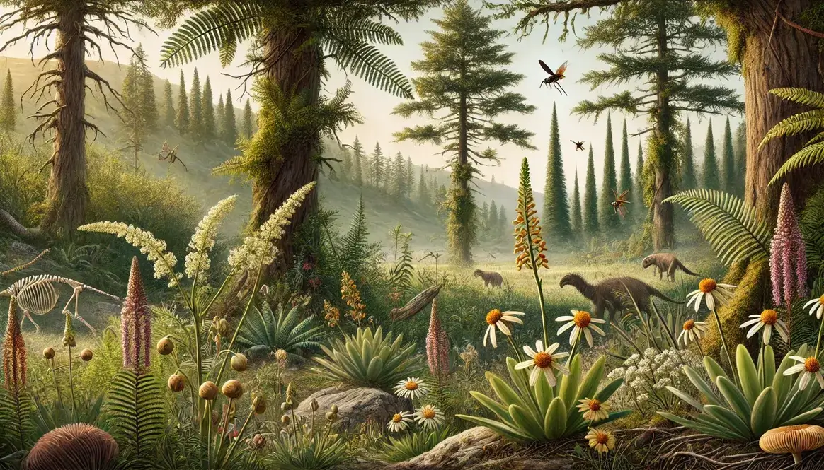 Primitive first flowering plants in Early Cretaceous landscape with ferns, conifers, and beetle pollinators