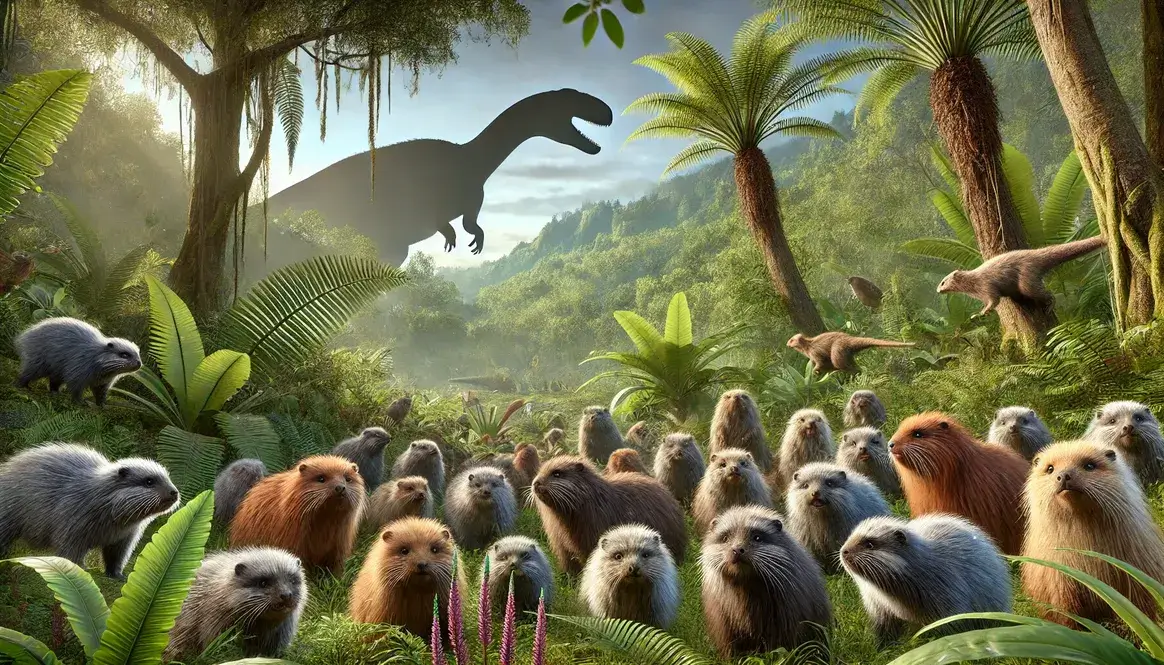 Diverse group of small, furry early mammals Jurassic scurrying among ferns with dinosaur silhouette looming in background