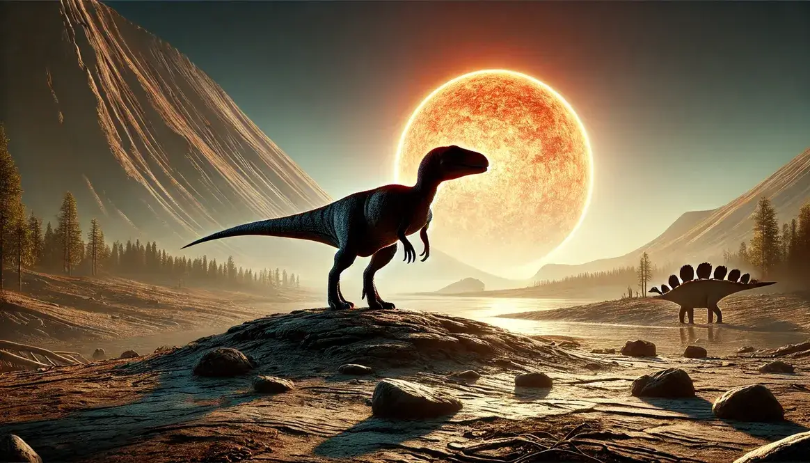 Small dinosaur silhouette with upright posture against Early Triassic landscape and large sun