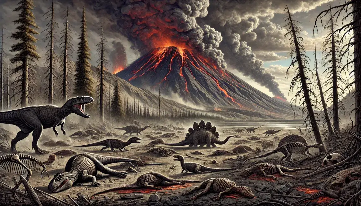 Volcanic eruptions spewing lava and ash as Triassic dinosaurs and marine life struggle in a changing environment