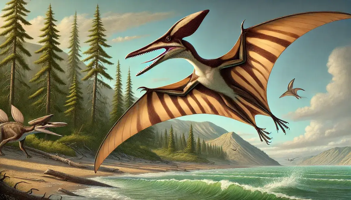 First pterosaurs soaring over Triassic landscape, showcasing membrane wings and sharp teeth