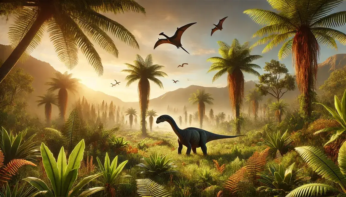 Lush Jurassic climate landscape with sauropod grazing among ferns and cycads, pterosaurs soaring in warm, hazy sky