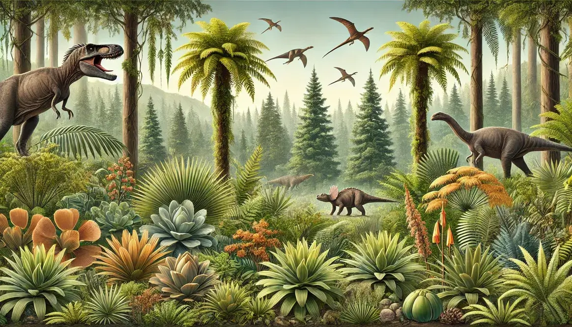 Lush Jurassic plants including cycads, conifers, and ferns in dense forest with dinosaurs