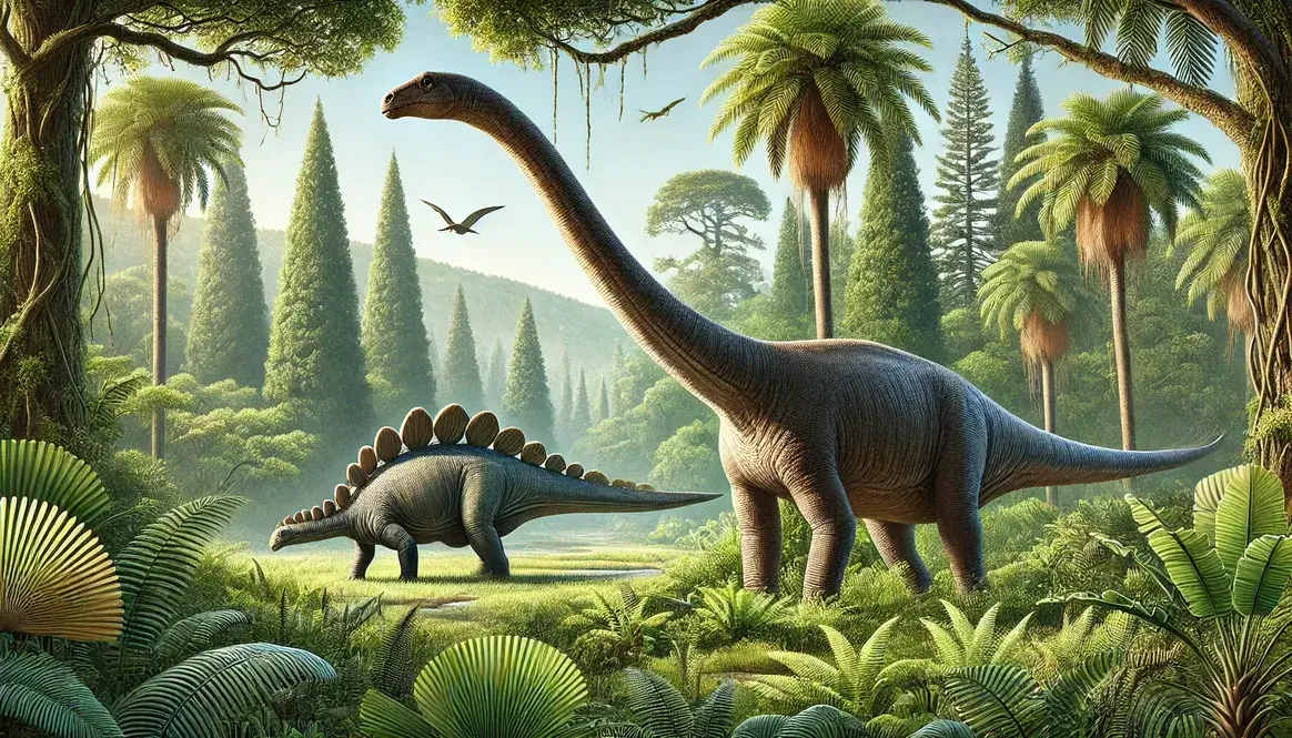 Brachiosaurus and Diplodocus Jurassic sauropods grazing in fern-filled prehistoric forest