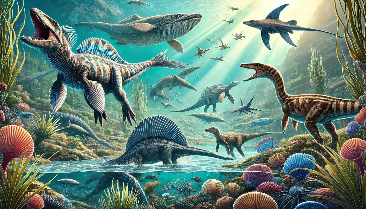 Jurassic sea monsters - ichthyosaur, plesiosaur, and pliosaur swimming in ancient ocean