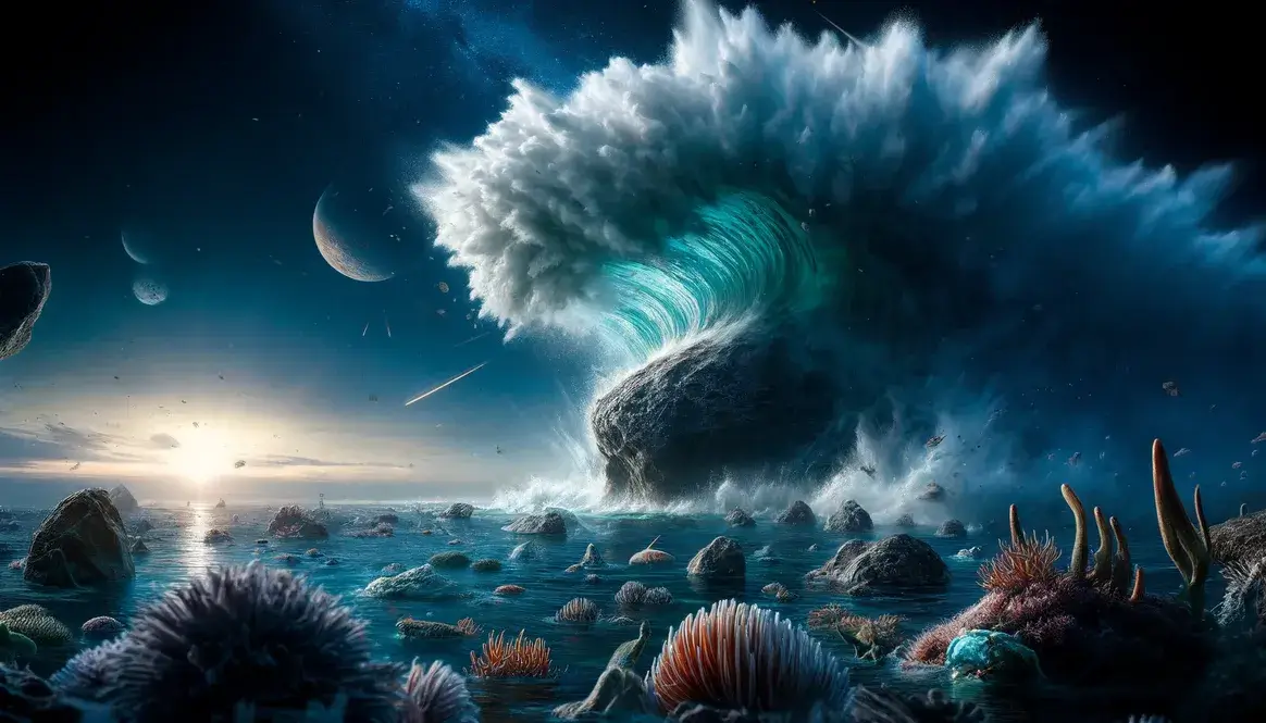 Massive tsunami caused by asteroid impact, illustrating K-Pg extinction ocean effects