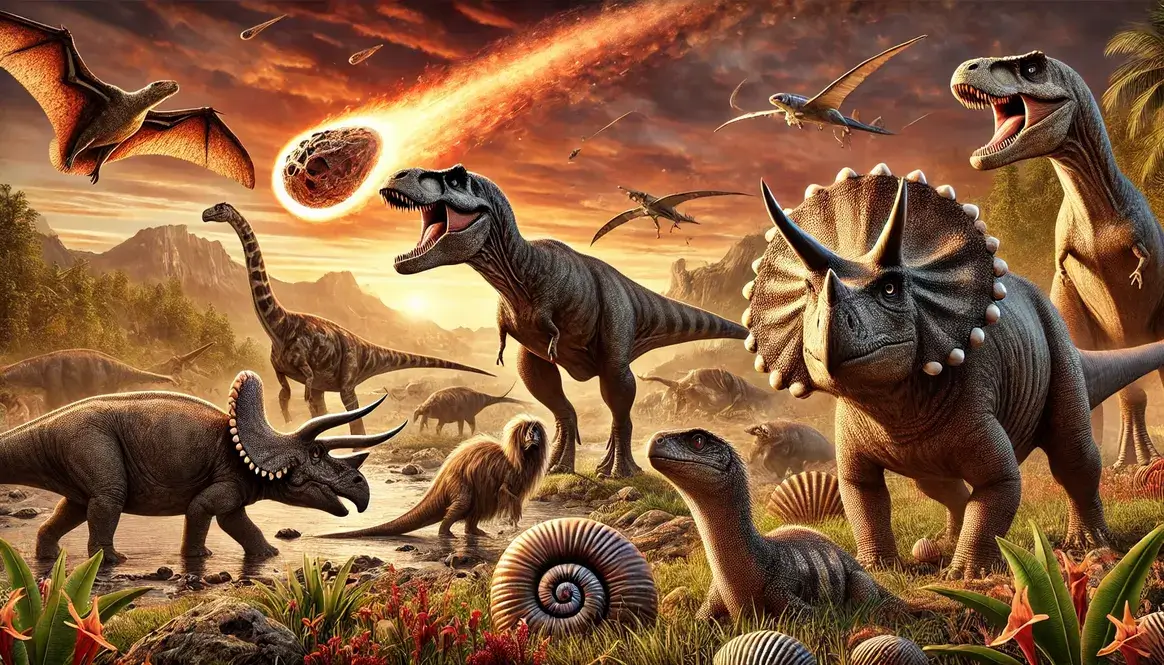 Diverse array of animals that died in K-Pg extinction including T. rex, Triceratops, mosasaur, Pteranodon, ammonite