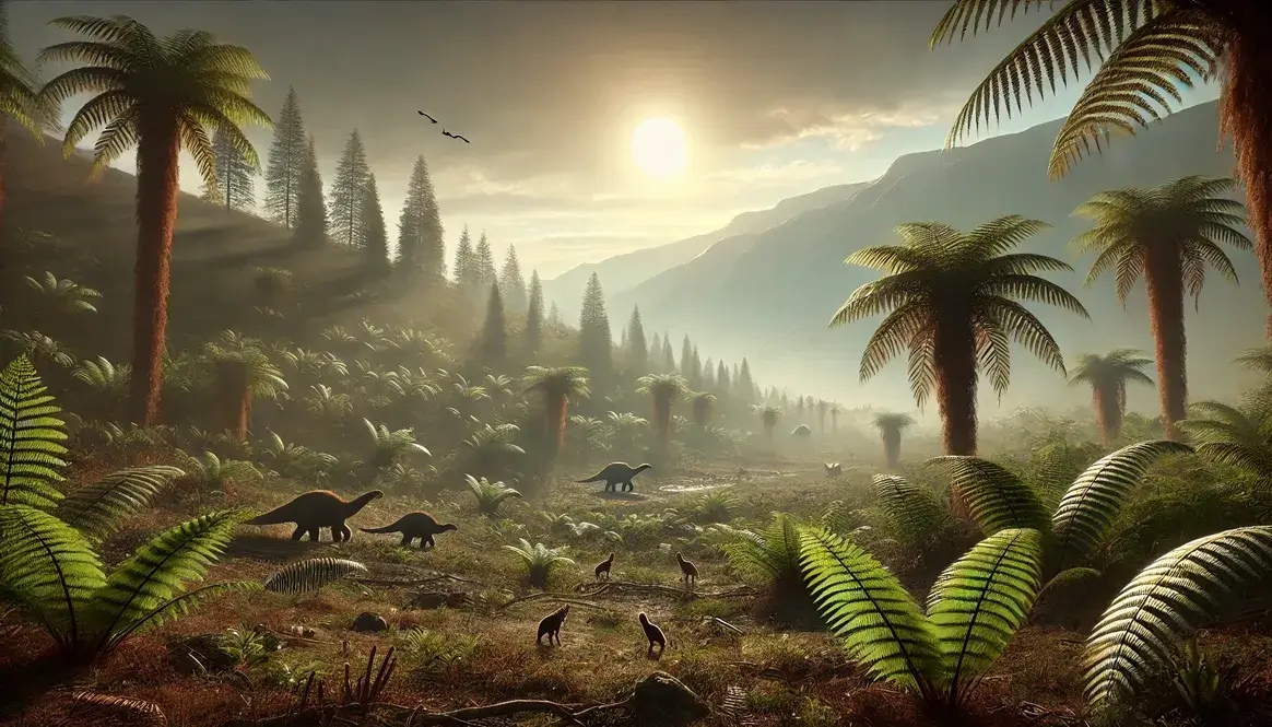 Artistic representation of fern-dominated landscape after K-Pg extinction, showing how did K-Pg extinction change land