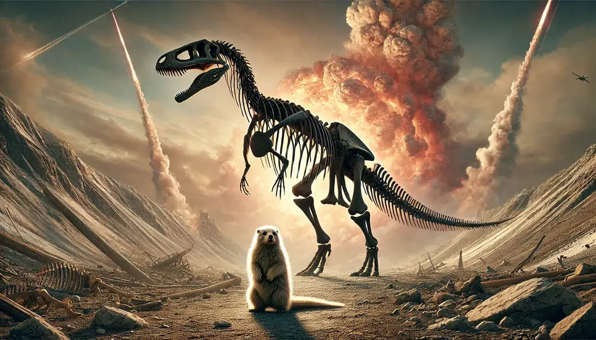 Large dinosaur skeleton juxtaposed with small mammal survivor, demonstrating why did big animals die in K-Pg extinction