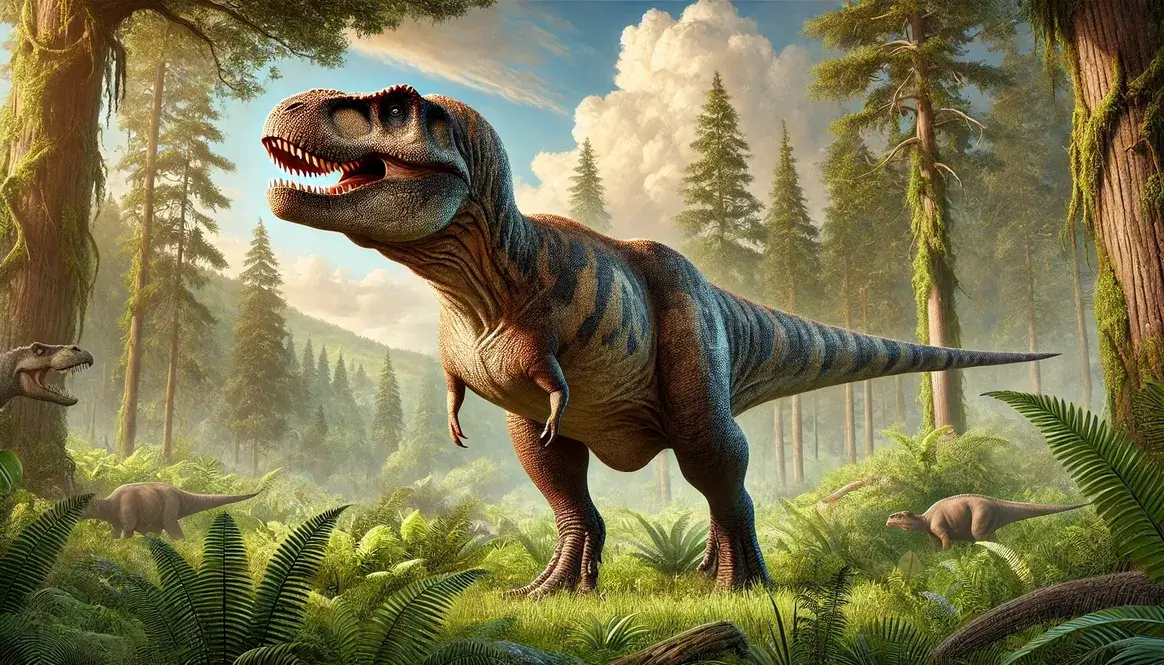 Depiction of Sue the T. rex in a lush prehistoric landscape with detailed skin texture and natural colors.
