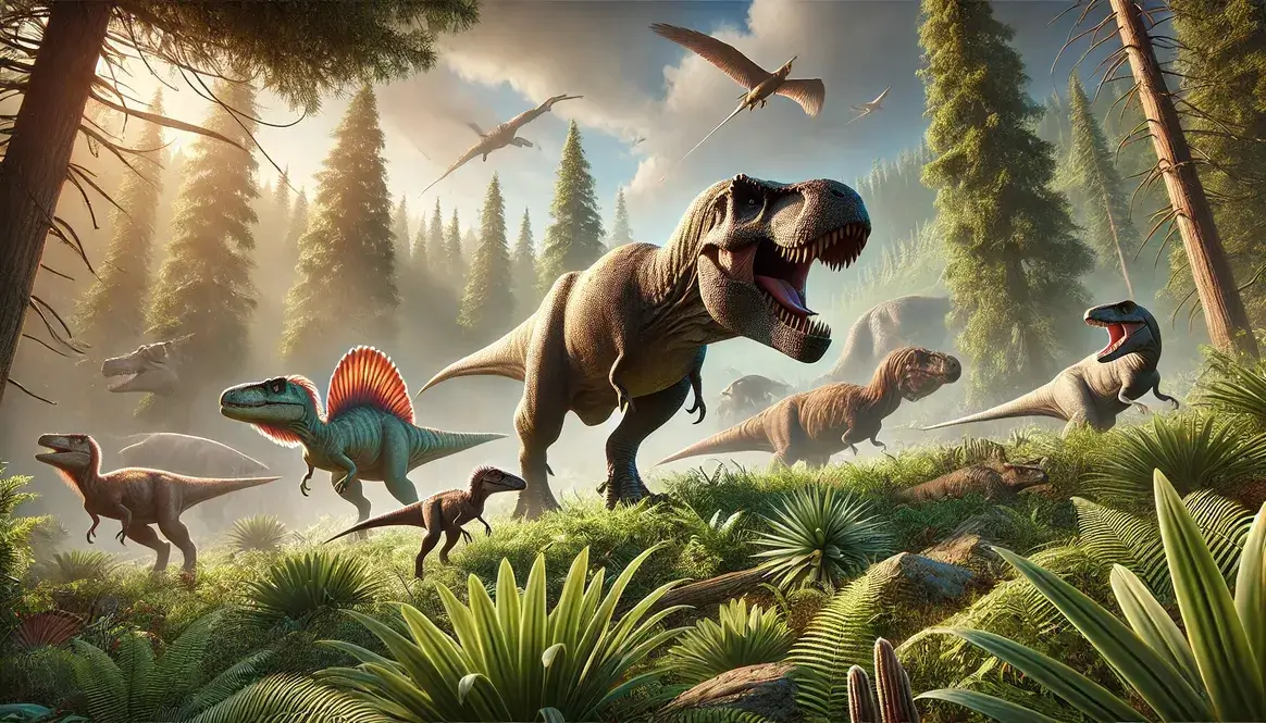 T. rex and other Cretaceous predators including Velociraptor, Spinosaurus, and Giganotosaurus in prehistoric landscape