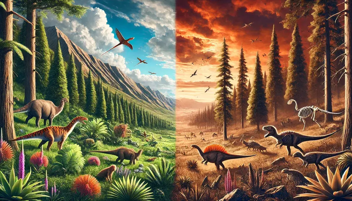 Split scene of Triassic-Jurassic extinction: diverse Triassic ecosystem vs barren early Jurassic landscape