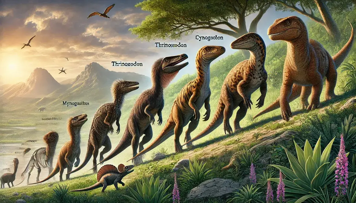 Artistic reconstruction showing evolution of Triassic mammal ancestors from Lystrosaurus to Morganucodon