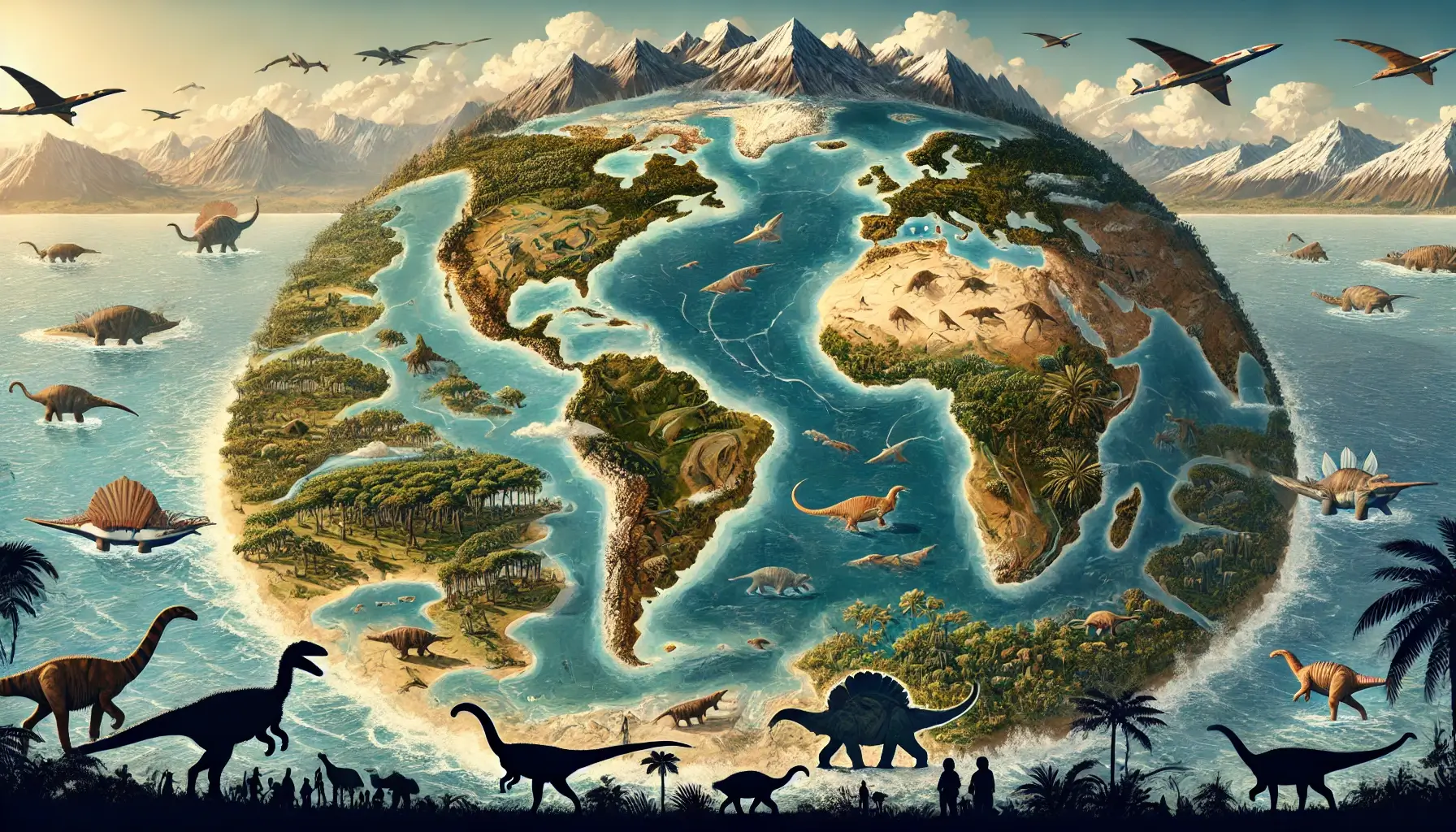 Illustration of Triassic Pangaea showing diverse climate zones and prehistoric life