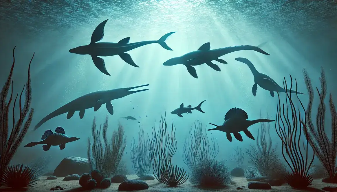 Silhouettes of ichthyosaur, plesiosaur, and placodont swimming in ancient Triassic ocean