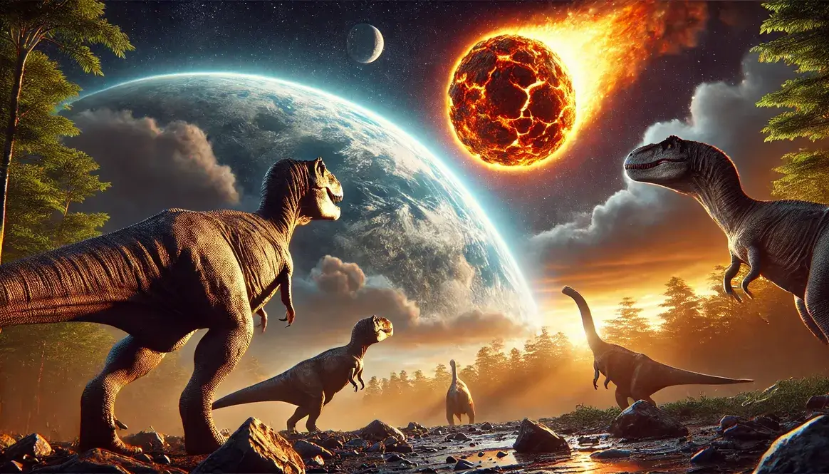 Massive asteroid approaching Earth as dinosaurs watch, illustrating Alvarez asteroid theory