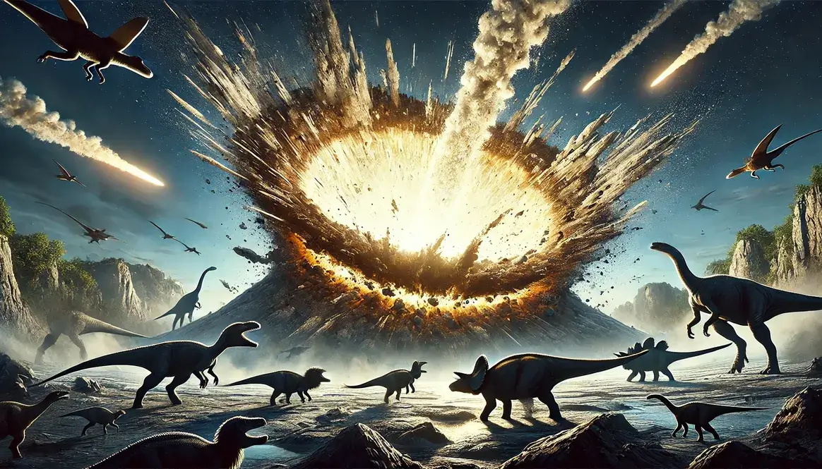 Asteroid impact forming Chicxulub crater dinosaur extinction, shockwave spreading, dinosaur silhouettes in foreground