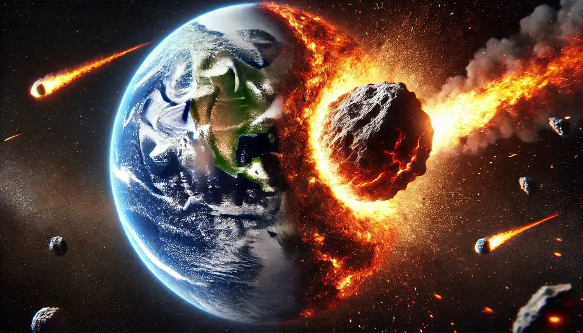 Earth half-covered in flames as asteroid approaches, depicting fires after dinosaur asteroid