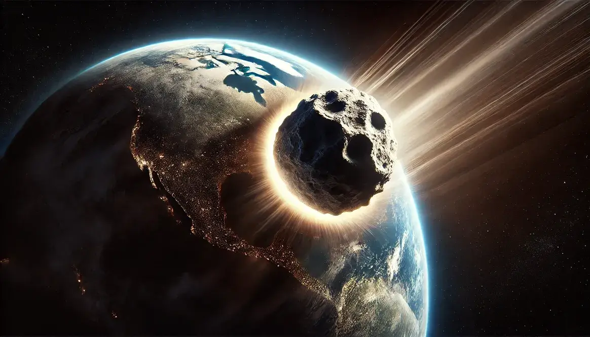 Massive asteroid approaching Earth, showing how powerful was Chicxulub impact with planet's curvature and looming shadow