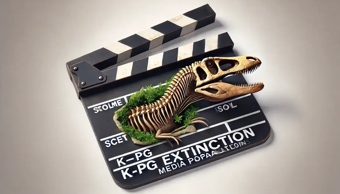 Movie clapperboard with embedded dinosaur fossil, representing K-Pg extinction in movies and books