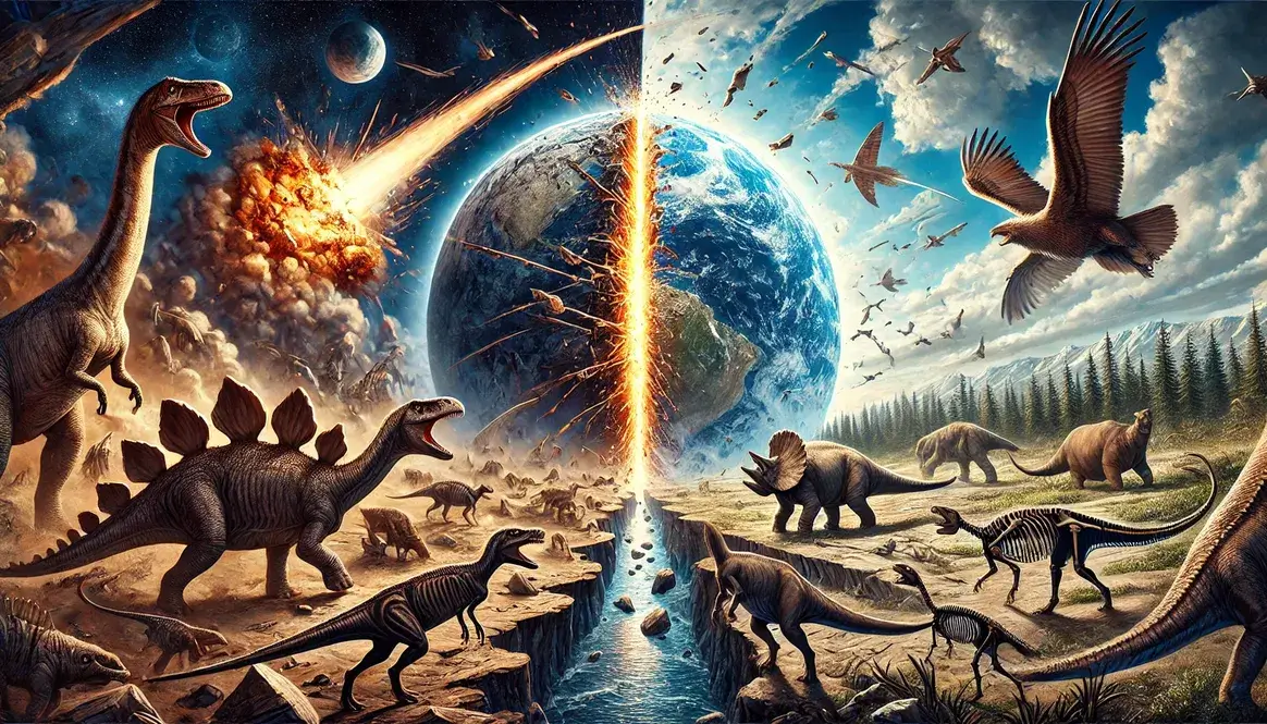 Split Earth showing K-Pg vs other mass extinctions: asteroid impact and dinosaurs on one side, mammals emerging on the other