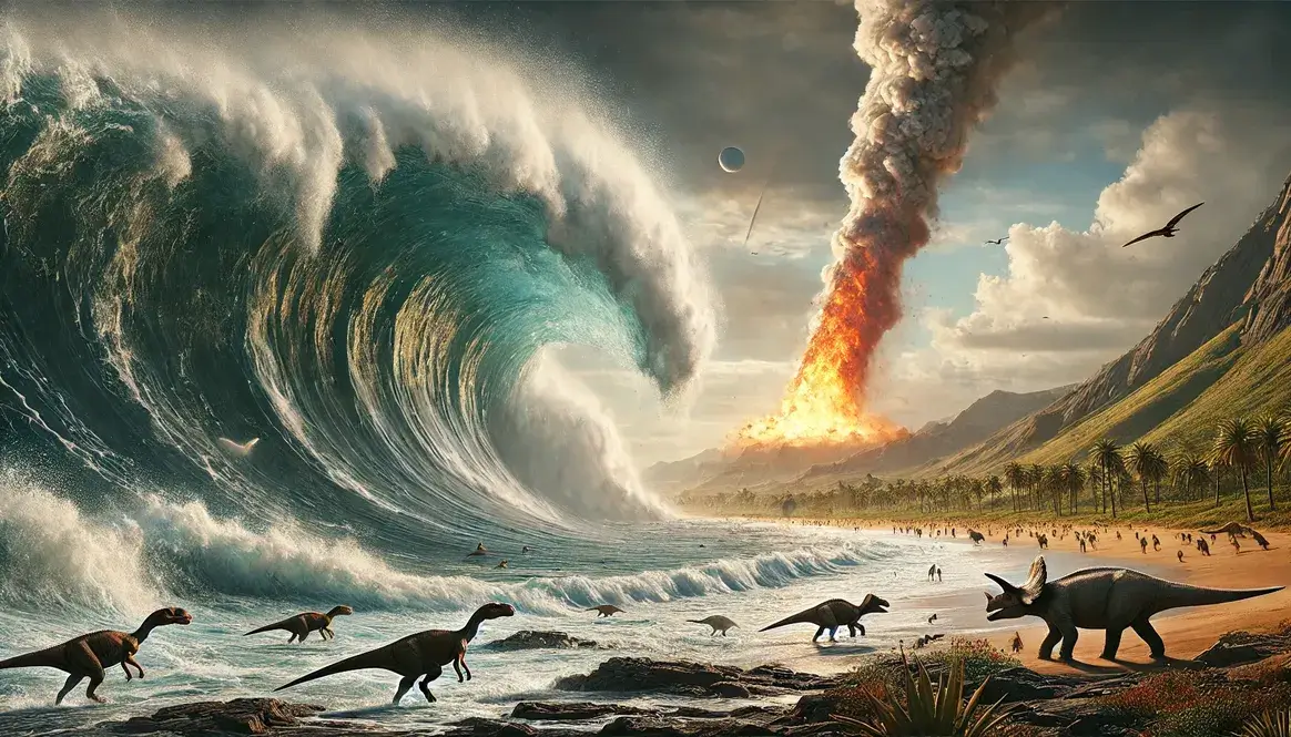 Colossal tsunami wave looms over Cretaceous coastline as dinosaurs flee, tsunamis from dinosaur asteroid visible in background