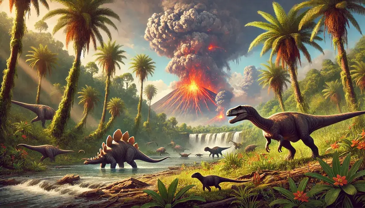 Deccan Traps effect on ancient life: Volcanic landscape with struggling dinosaurs and plants amid ash and lava flows