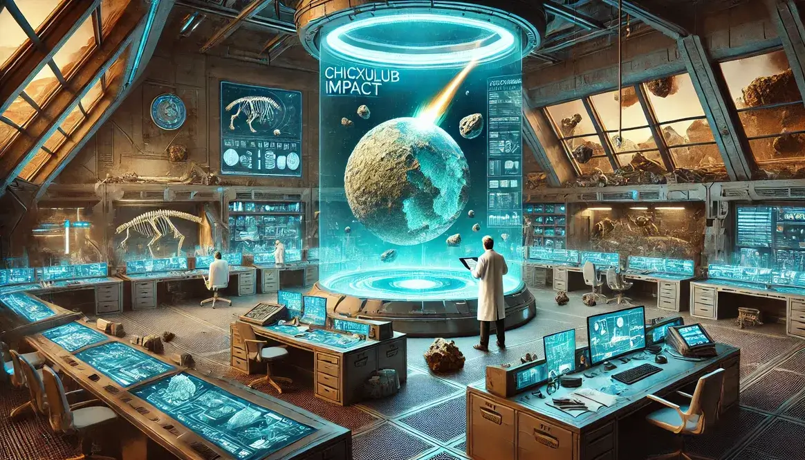 Scientist analyzing simulations of Chicxulub impact via holographic projection in futuristic lab