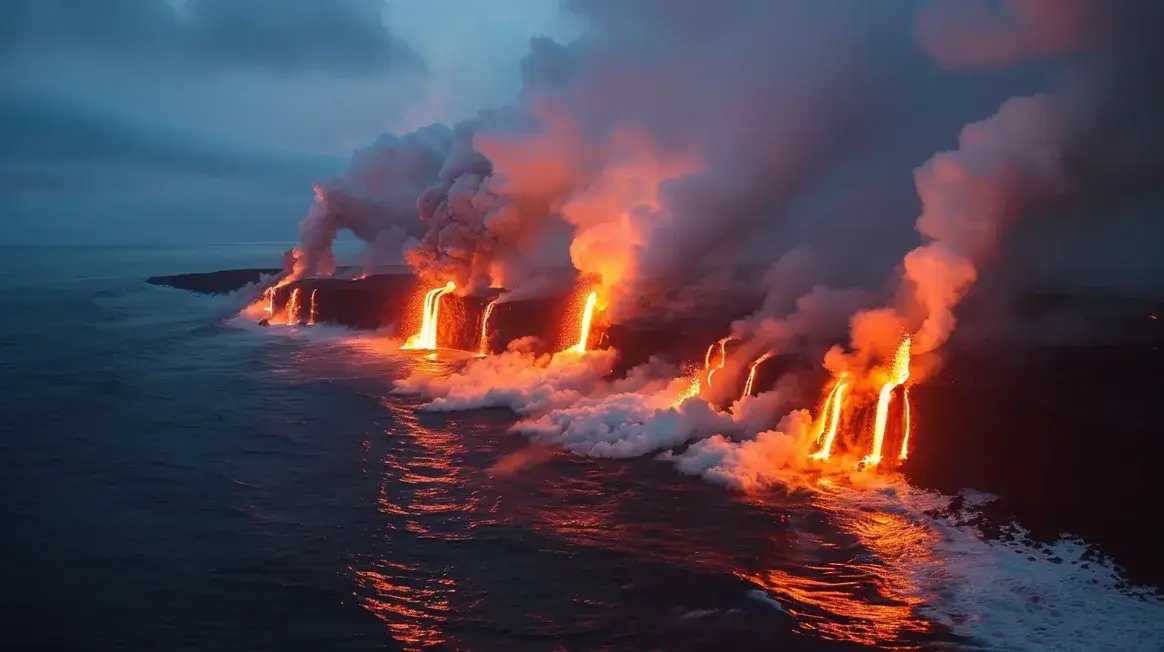 Lava flowing into ocean creates steam plume, showcasing volcanoes and ocean acidity process in action