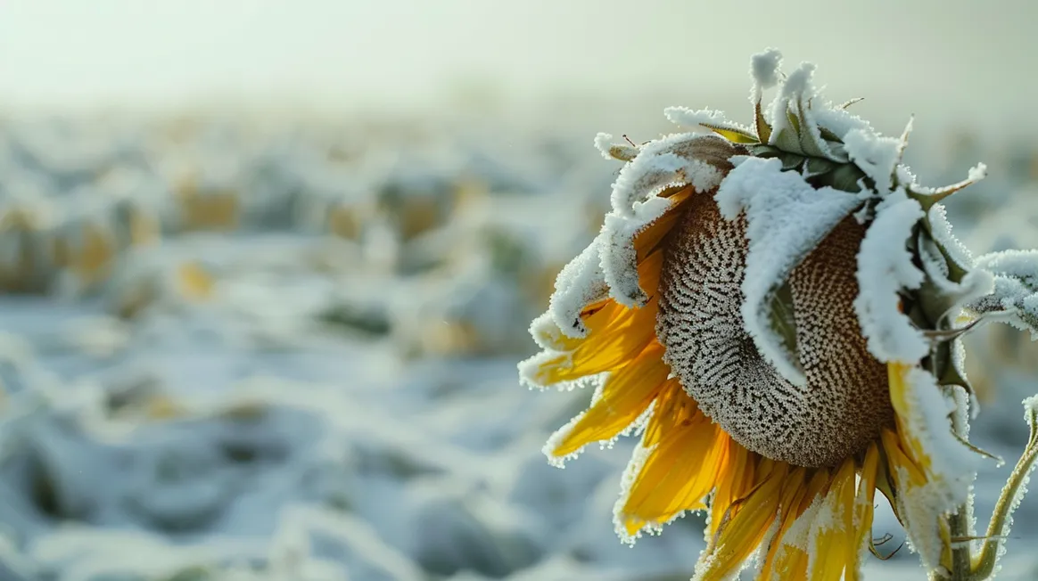 Frost-covered sunflower in snowy field illustrating volcanic winter's unseasonable effects