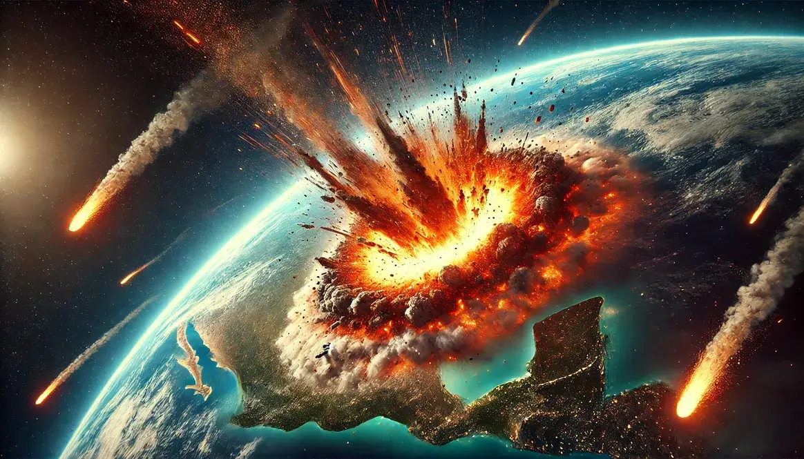 Fiery explosion showing where did the K-Pg asteroid hit Earth, creating massive Chicxulub crater on Yucatan Peninsula