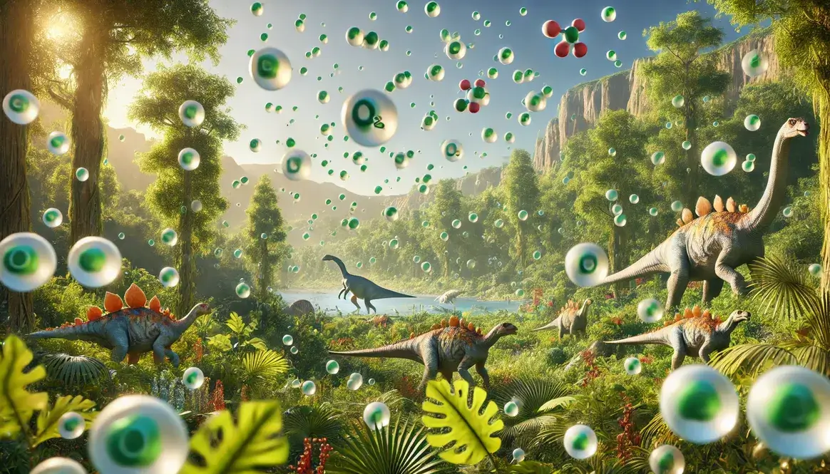 Lush Cretaceous landscape with dinosaurs and visible carbon dioxide levels in Cretaceous atmosphere