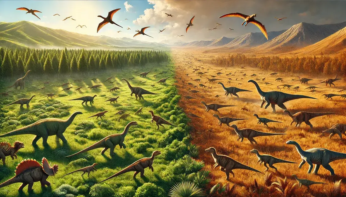 Did dinosaurs migrate due to climate? Herd crossing changing landscape, from lush forests to arid plains