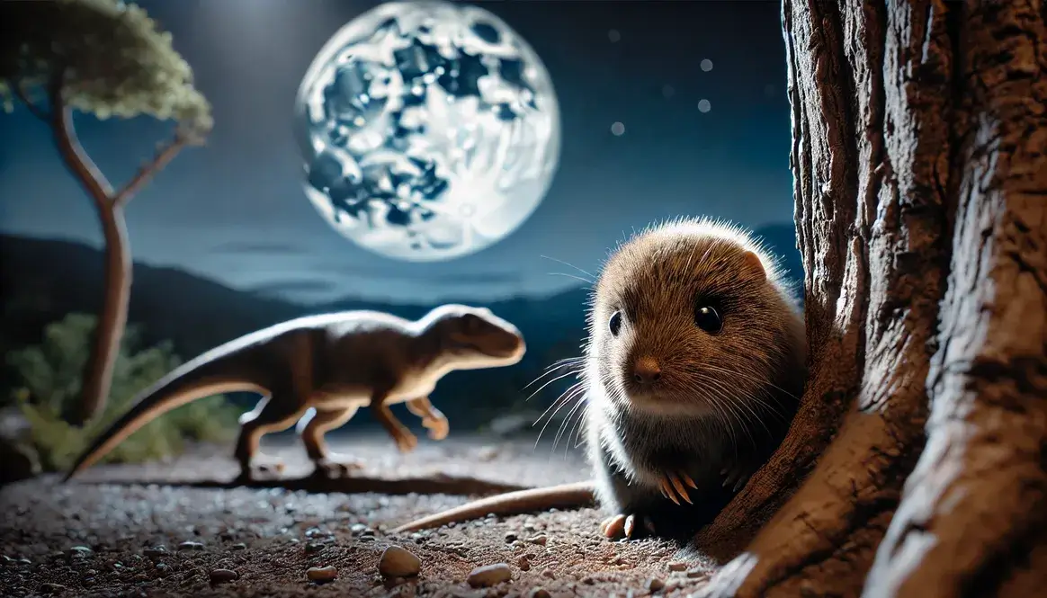 Small furry mammal watching sleeping dinosaur by moonlight, illustrating did mammals compete with dinosaurs through avoidance