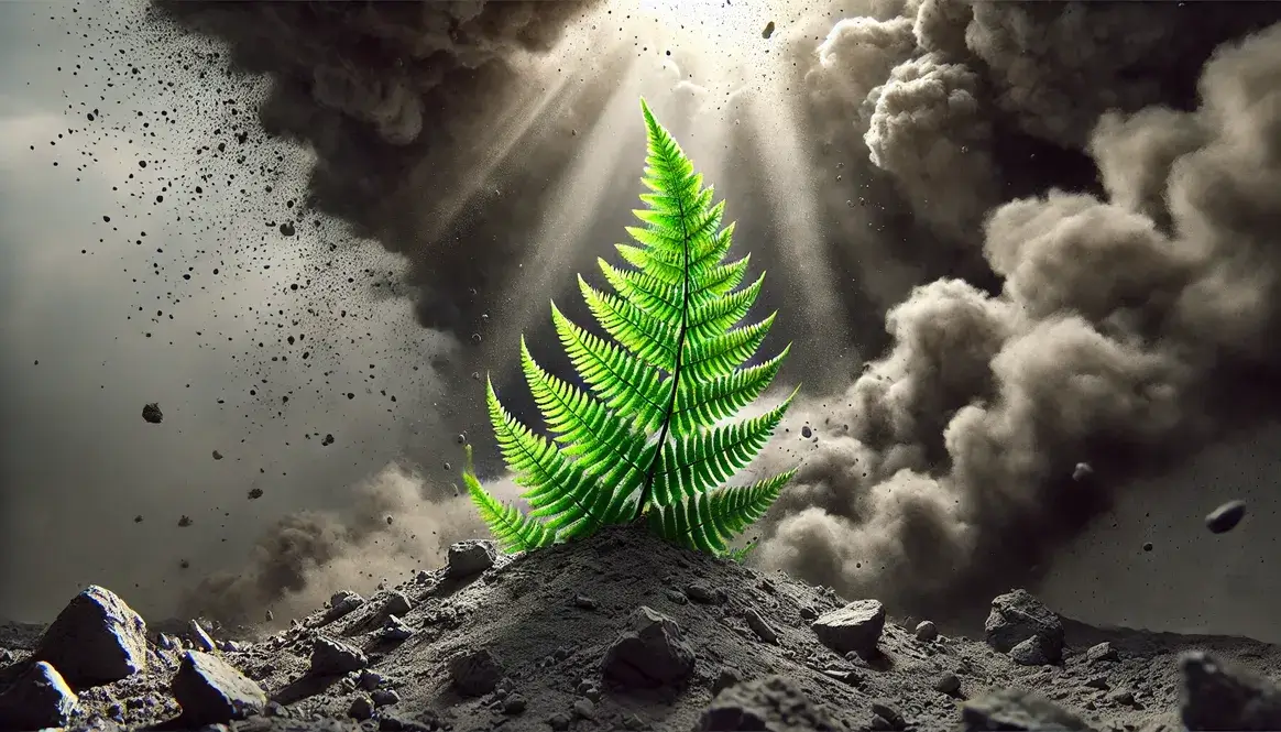 Green fern breaking through grey extinction ash layer under dusty skies, showing how did plants die with dinosaurs yet some survived