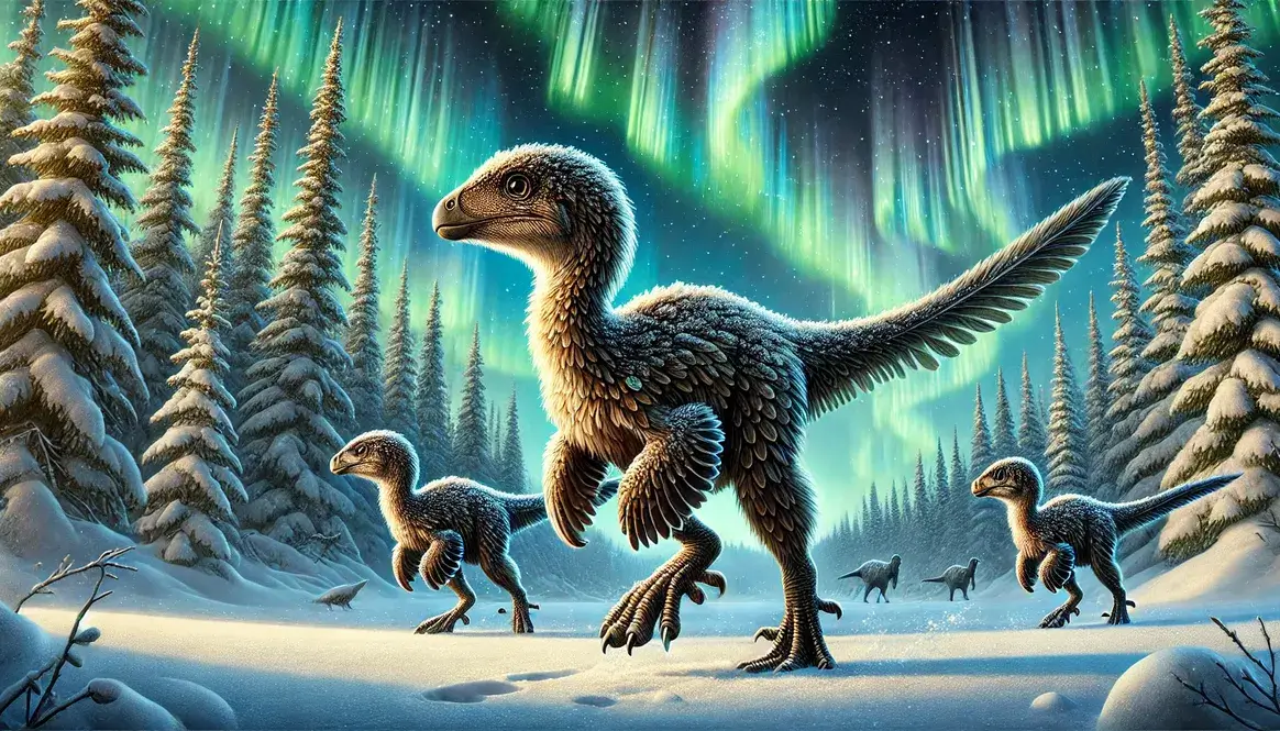 Feathered Troodon dinosaurs that lived in the Arctic hunting under colorful Aurora Borealis in snowy landscape