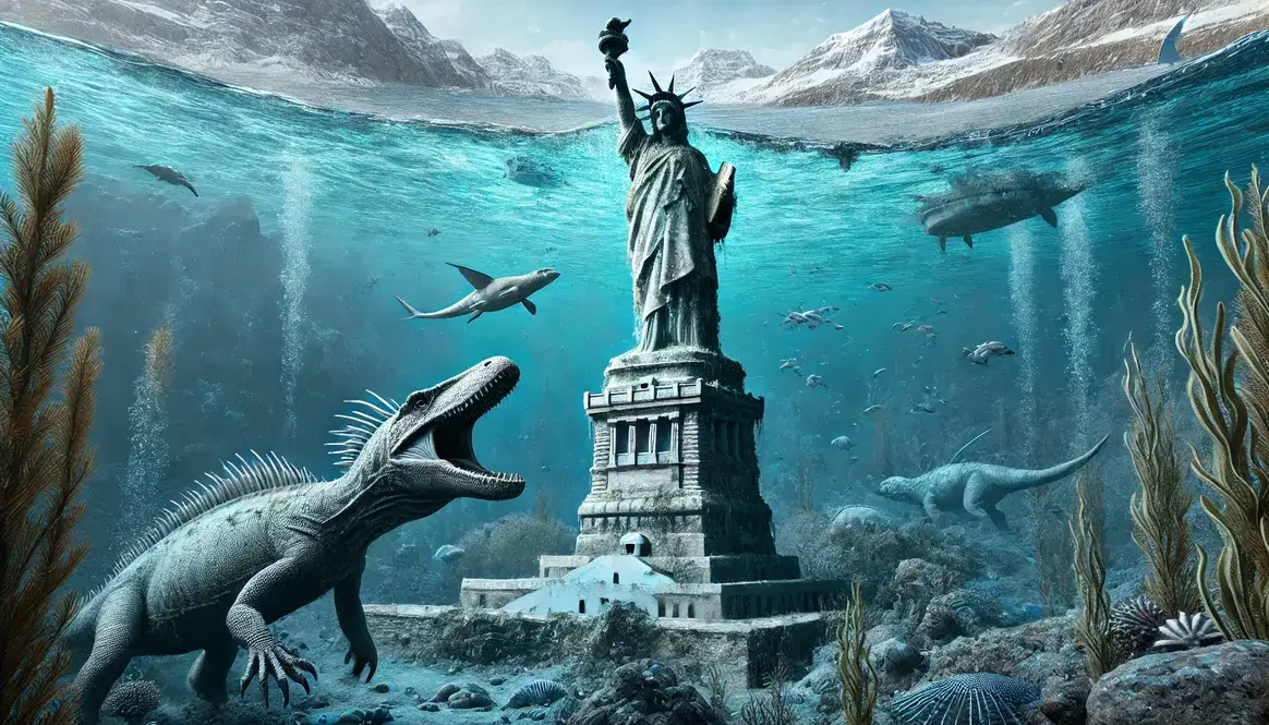 Statue of Liberty submerged in Cretaceous sea levels with marine reptiles, showing how high were sea levels in the Cretaceous