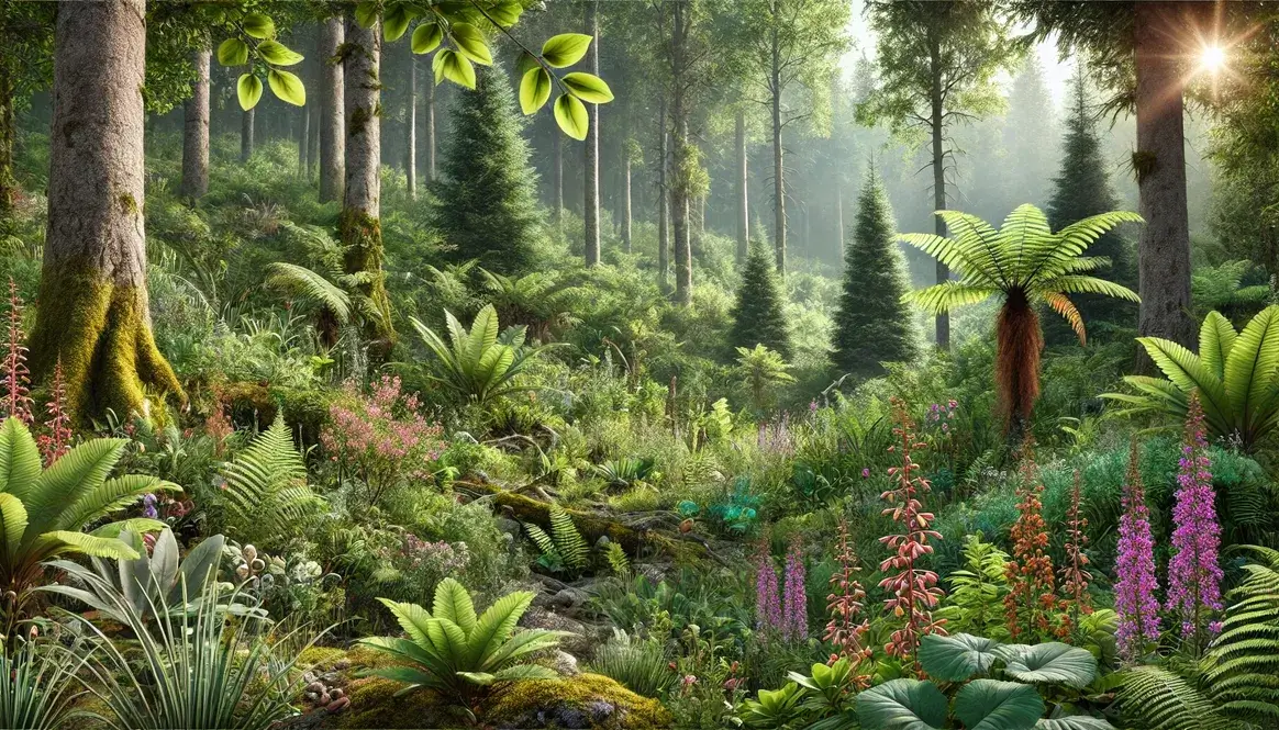 Diverse Cretaceous forest illustrating how plants adapted to Cretaceous climate with visible leaf and stem adaptations