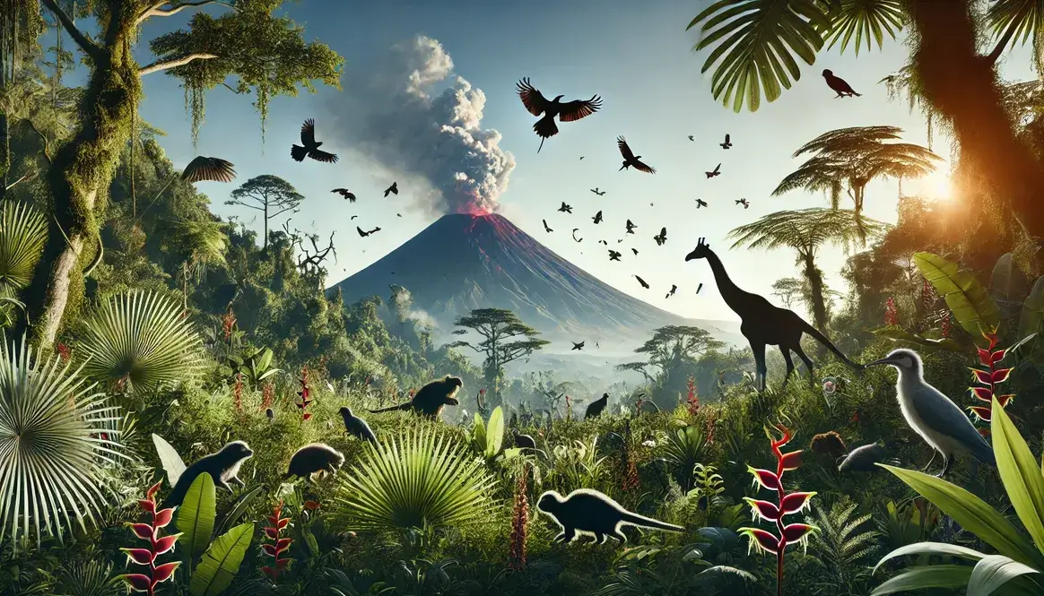 Active volcano surrounded by diverse plant and animal life, illustrating how volcanoes affect evolution