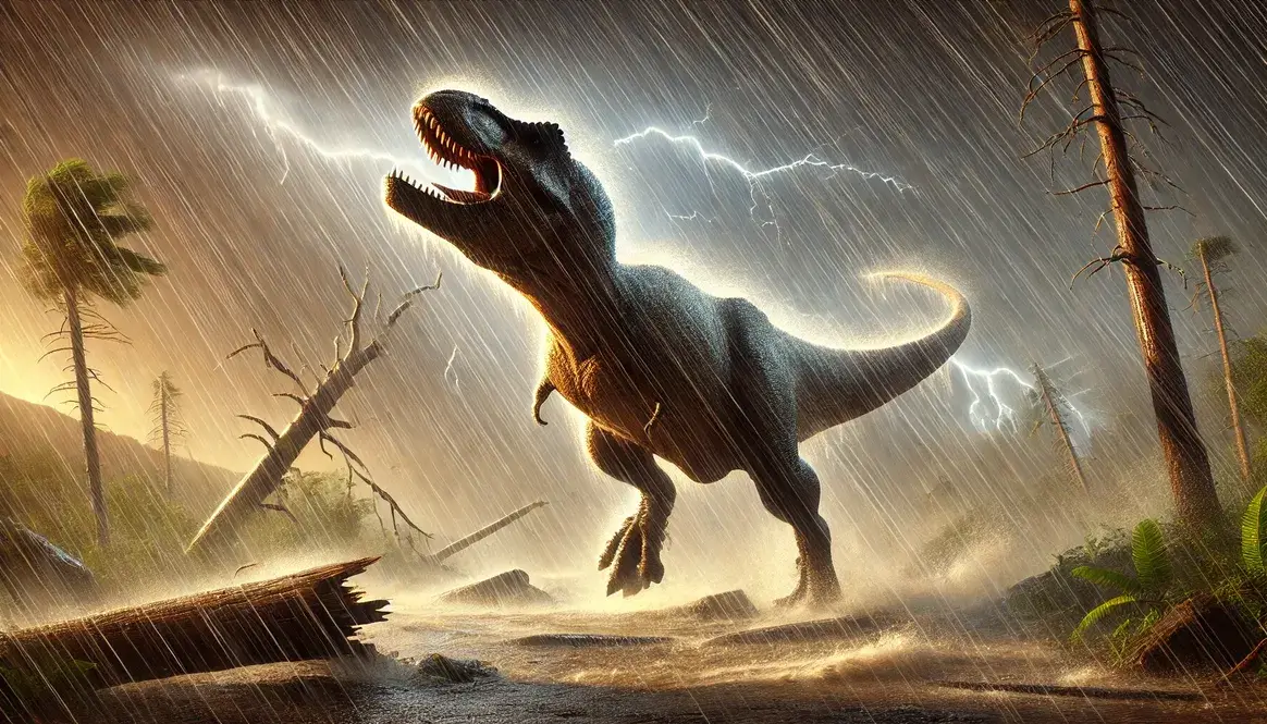 T. rex battling fierce winds and rain during storms and weather in dinosaur times, with lightning and uprooted trees nearby