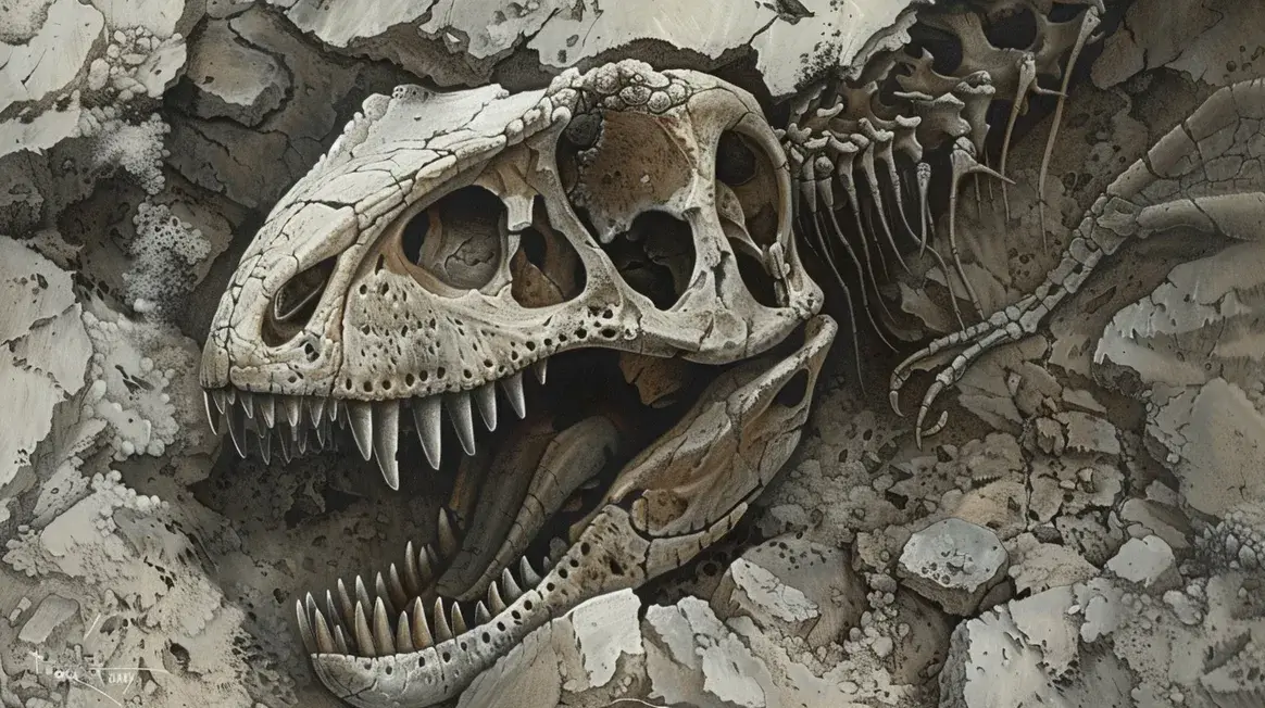 Partially exposed dinosaur skull in rock layers with distinct volcanic ash in dinosaur fossils preserving delicate details