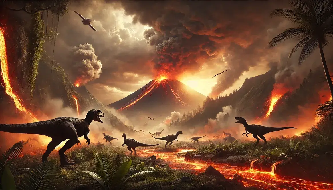 Volcanoes at end of Cretaceous: Dinosaurs fleeing from erupting volcano and advancing lava flow