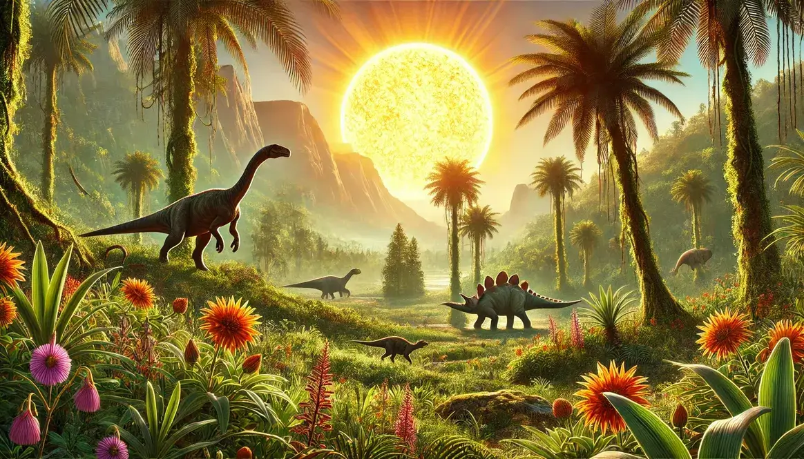 Was the Cretaceous period hot? Lush landscape with dinosaurs under blazing sun illustrates prehistoric warmth