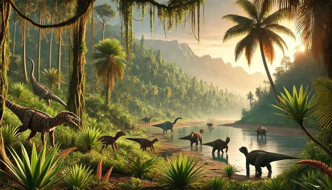 Tropical forest with diverse dinosaurs depicting what was the climate like at the end of the Cretaceous: warm, humid, and lush