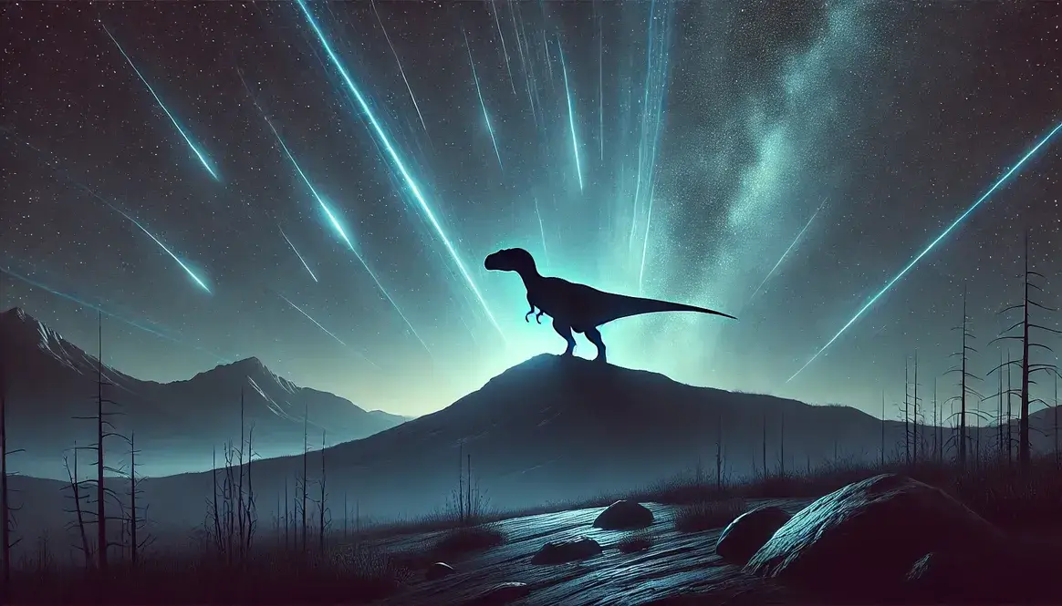 Dinosaur silhouette under starry sky with glowing blue cosmic rays, illustrating could cosmic rays have killed dinosaurs theory