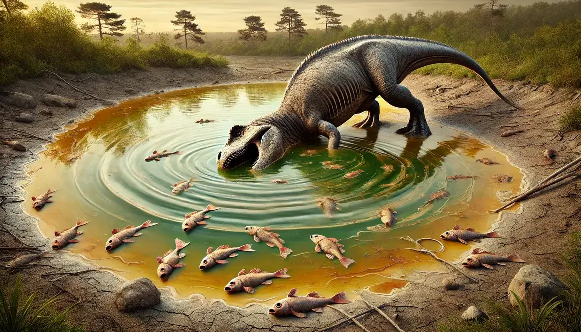 Hadrosaur near contaminated waterhole shows effects of toxic metals in dinosaur extinction, with metallic water and dead fish