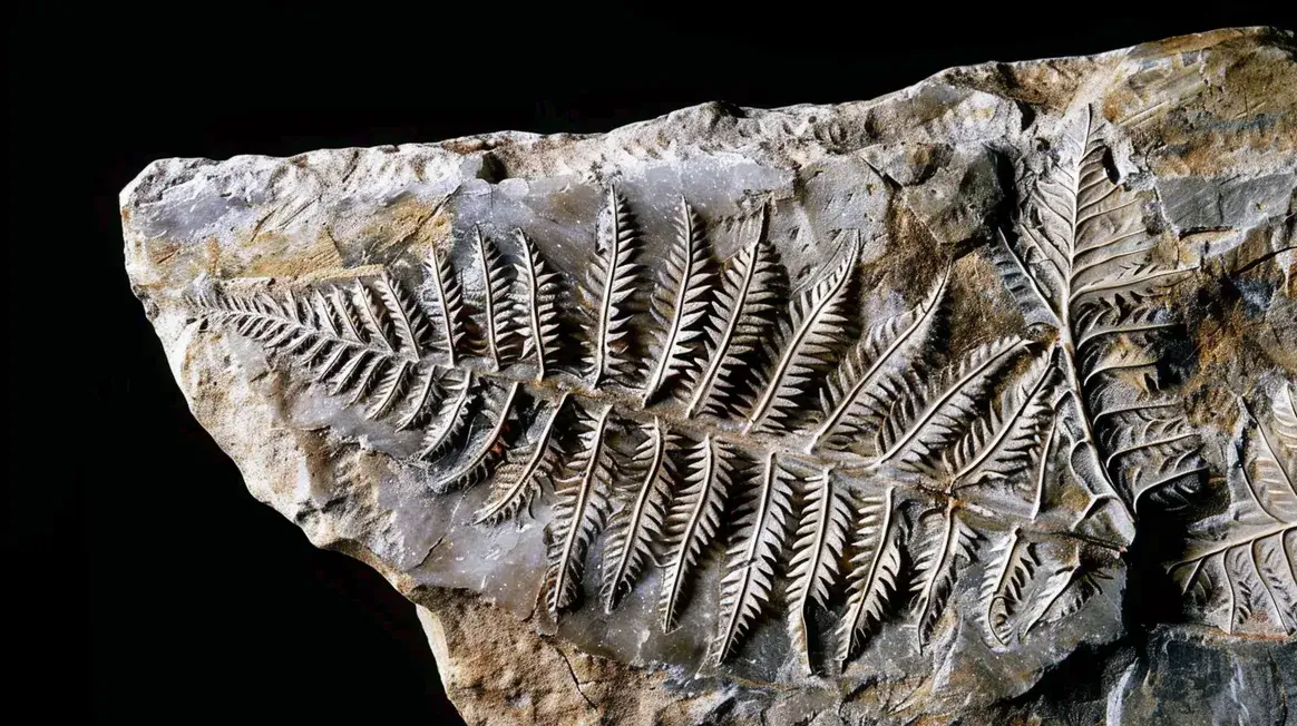 Carbon fossils show detailed black impression of prehistoric fern frond with visible veins preserved in light sedimentary rock