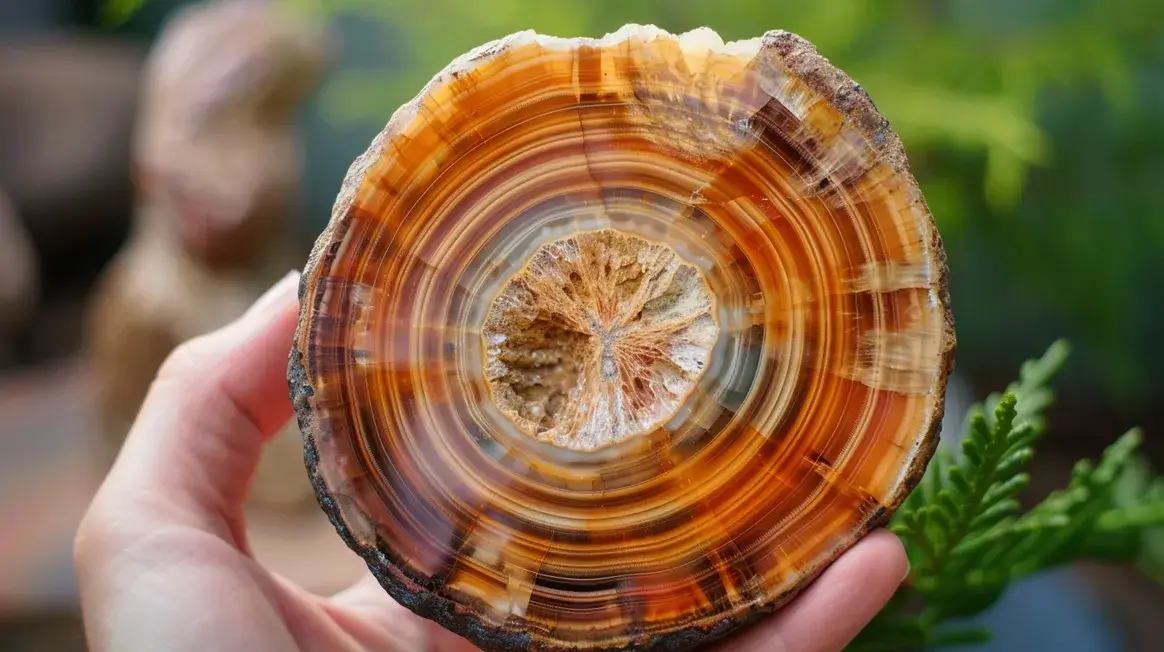 Polished petrified fossils slice showing rainbow-colored minerals and detailed tree rings preserved in crystallized prehistoric wood